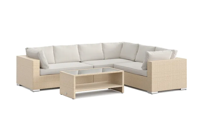 Bahamas L-formad utesoffa höger, 6-sits med bord och hylla, Beige