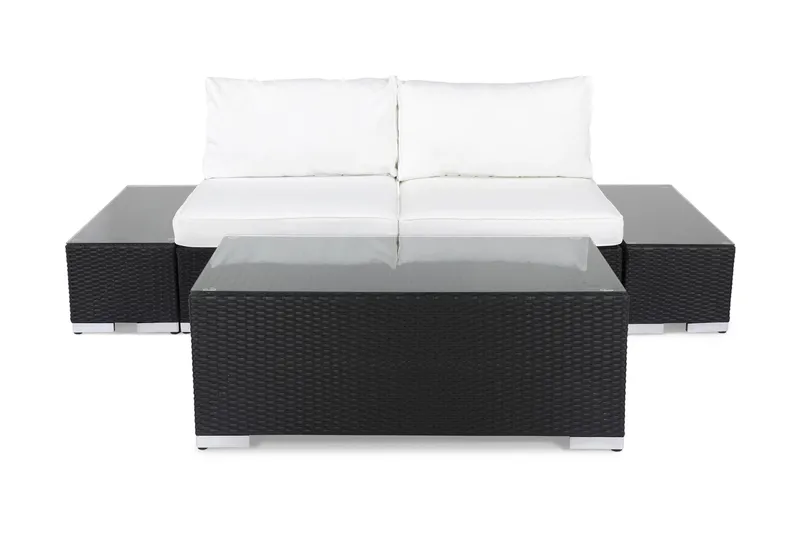 Bahamas Liten Loungegrupp Utomhus - 2-sits Litet Loungeset i Konstrotting för Altan och Balkong, Svart / Vita dynor