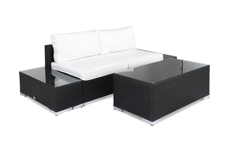 Bahamas Liten Loungegrupp Utomhus - 2-sits Litet Loungeset i Konstrotting för Altan och Balkong - Svart / Vita dynor - Utemöbler - Utegrupp - Loungegrupp