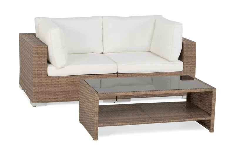 Bahamas Liten loungegrupp utomhus - Soffgrupp till balkong 2-sits - Litet loungeset konstrotting utemöbler - Beige med vita dynor - Utemöbler - Utegrupp - Loungegrupp