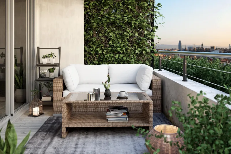 Bahamas Liten loungegrupp utomhus - Soffgrupp till balkong 2-sits - Litet loungeset konstrotting utemöbler - Beige med vita dynor - Utemöbler - Utegrupp - Loungegrupp