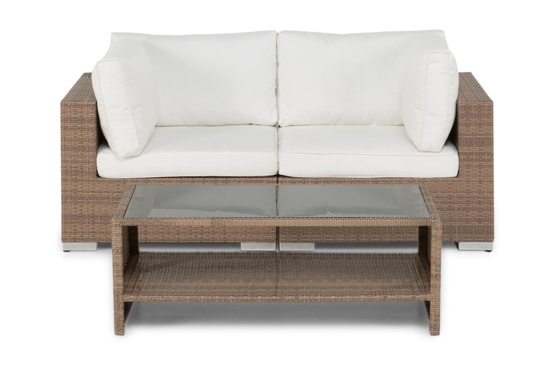 bahamas liten loungegrupp utomhus - soffgrupp till balkong 2-sits - litet loungeset konstrotting utemöbler - beige med vita dynor