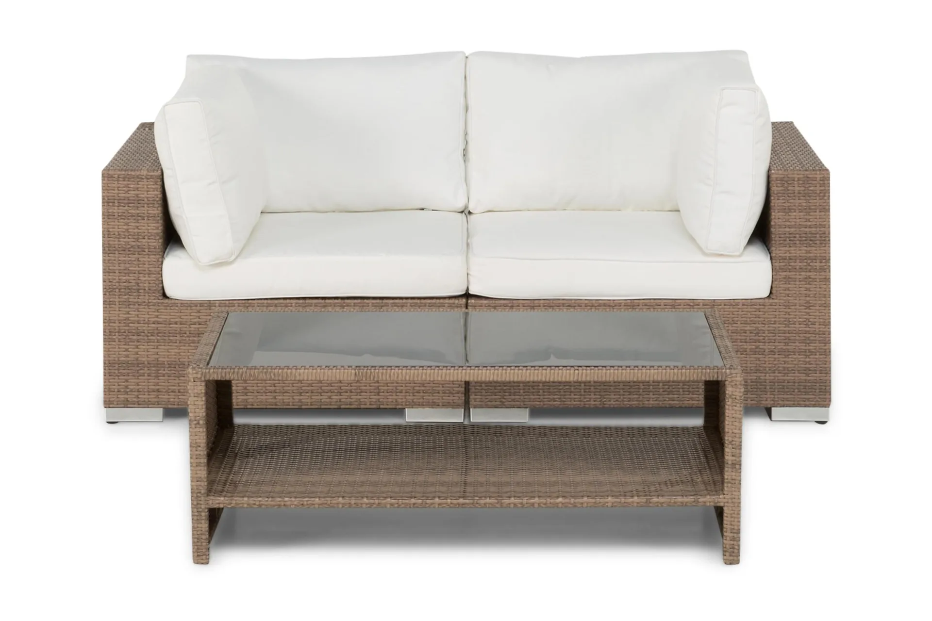 bahamas liten loungegrupp utomhus - soffgrupp till balkong 2-sits - litet loungeset konstrotting utemöbler - beige med vita dynor