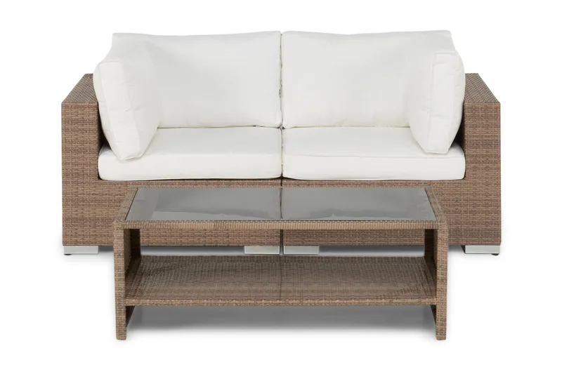 Bahamas Liten loungegrupp utomhus - Soffgrupp till balkong 2-sits - Litet loungeset konstrotting utemöbler, Beige med vita dynor