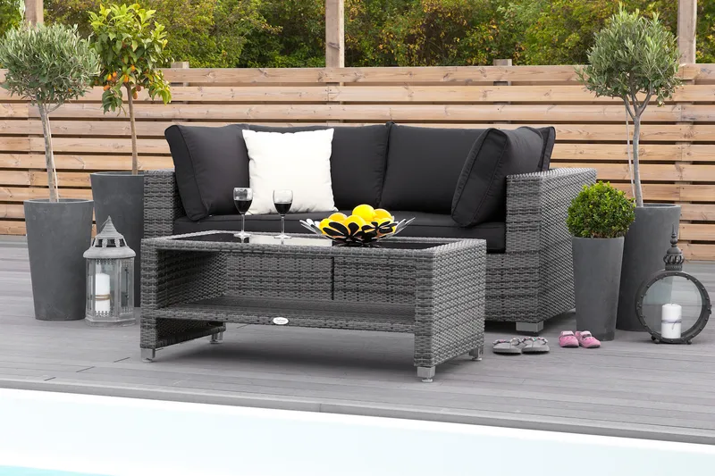 Bahamas Liten loungegrupp utomhus - Soffgrupp till balkong 2-sits - Litet loungeset utemöbler - - Grå / Svarta dynor - Utemöbler - Utegrupp - Loungegrupp