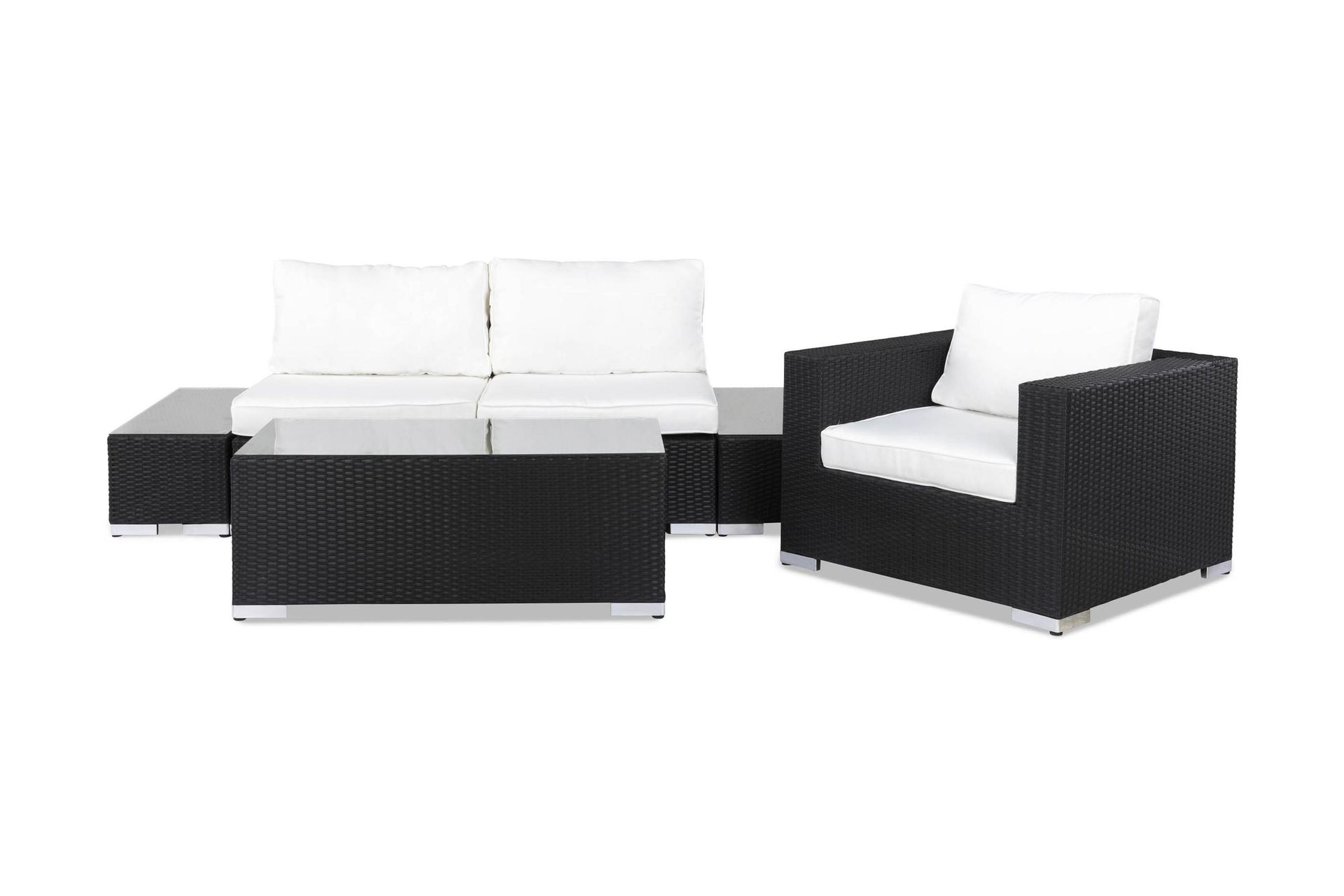 bahamas liten loungegrupp utomhus - soffgrupp till balkong 3-sits - litet loungeset med 1 fåtölj konstrotting utemöbler - mörk / vita dynor