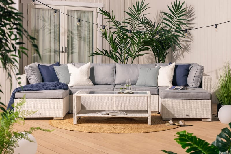 BAHAMAS Loungegrupp Utomhus Large + Bord Hylla + 2 Divan Vit - Utemöbler - Loungemöbler