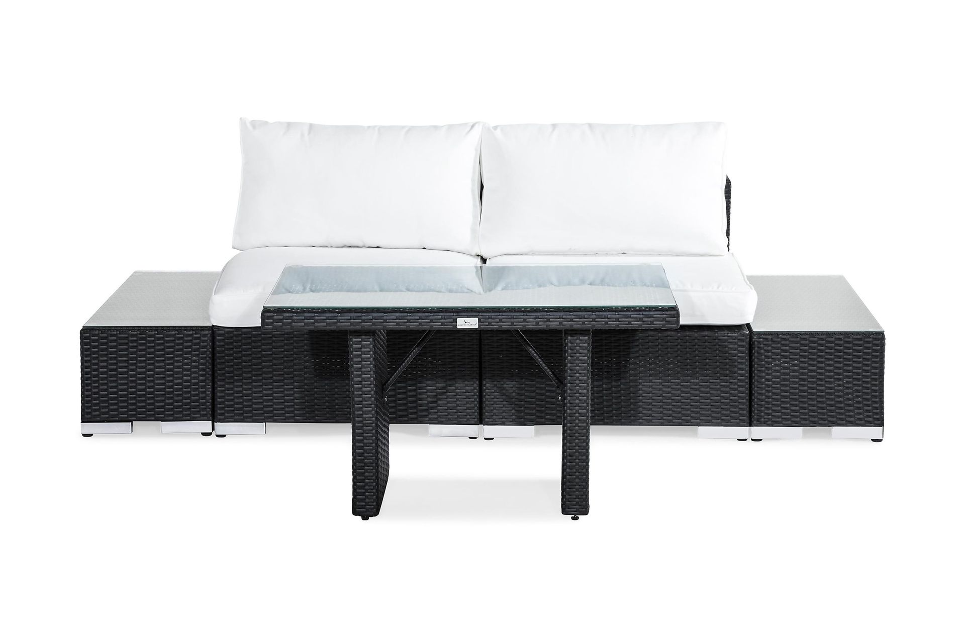 bahamas loungegrupp utomhus - liten soffgrupp till balkong 2-sits - litet loungeset konstrotting utemöbler - svart / vita dynor