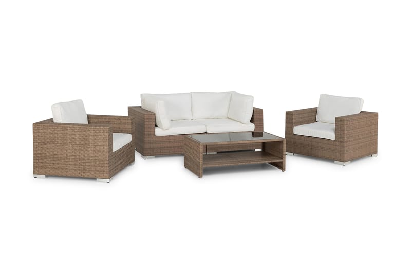 BAHAMAS Loungesoffa Utomhus Utomhus 2-sits + Bord Hylla + 2 Fåtöljer Sand - Utemöbler - Loungemöbler