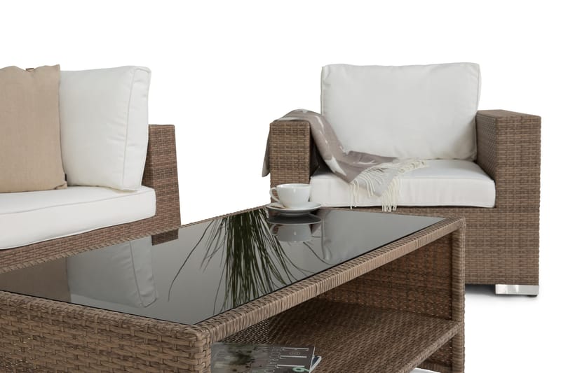 BAHAMAS Loungesoffa Utomhus Utomhus 2-sits + Bord Hylla + 2 Fåtöljer Sand - Utemöbler - Loungemöbler