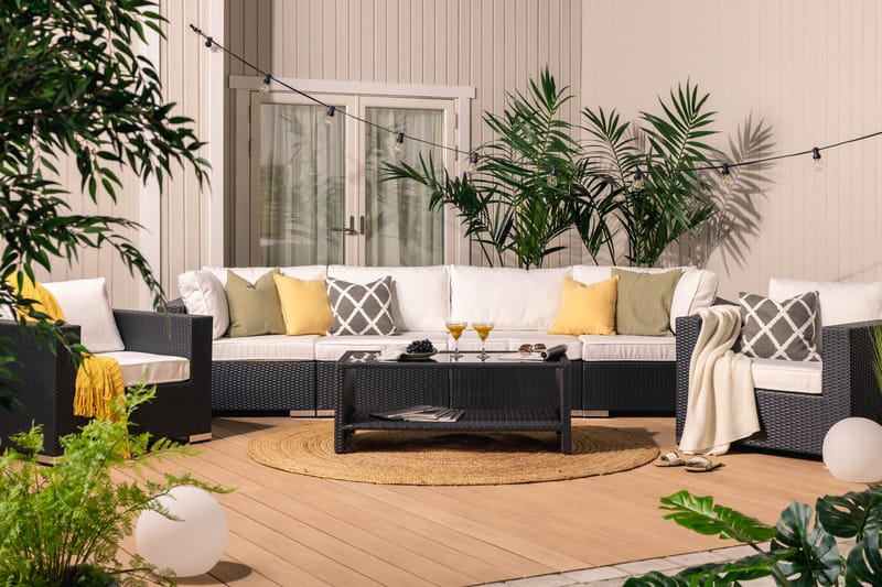 BAHAMAS Loungesoffa Utomhus Utomhus 4-sits + Bord Hylla + 2 Fåtöljer Svart - Utemöbler - Loungemöbler