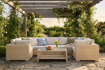 Bahamas U-formad utomhus loungegrupp med stängt avslut, 7-sits med bord och hylla - Beige - Utemöbler - Utegrupp - Loungegrupp