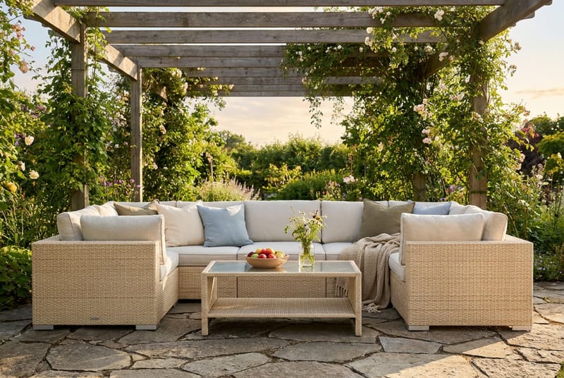 Bahamas U-formad utomhus loungegrupp med stängt avslut, 7-sits med bord och hylla - Beige - Utemöbler - Utegrupp - Loungegrupp