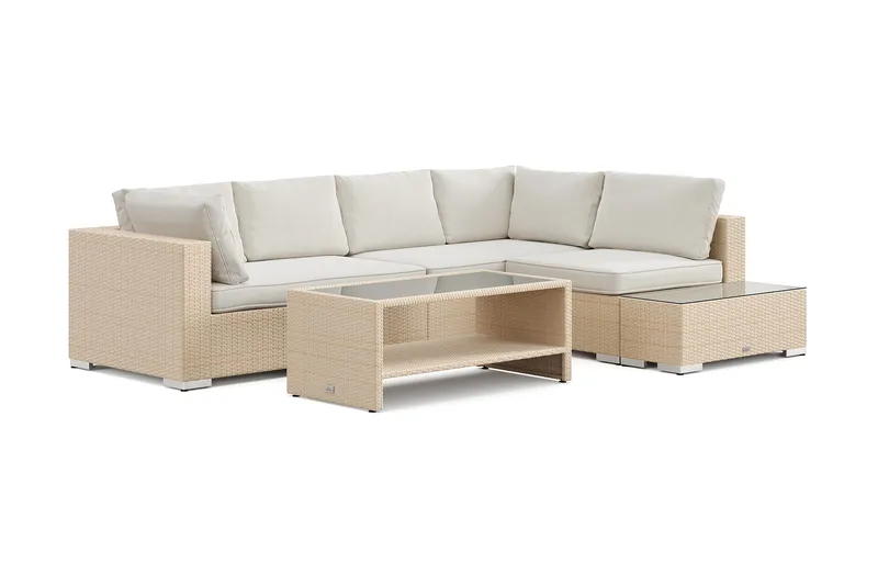 Bahamas utesoffa 5-sits vändbar schäslong med avslut och bord med hylla - Beige - Utemöbler - Utegrupp - Loungegrupp