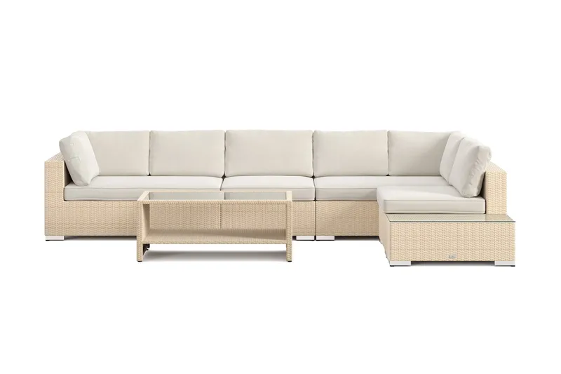 Bahamas utesoffa 6-sits vändbar schäslong med avslut och bord med hylla - Beige - Utemöbler - Utegrupp - Loungegrupp