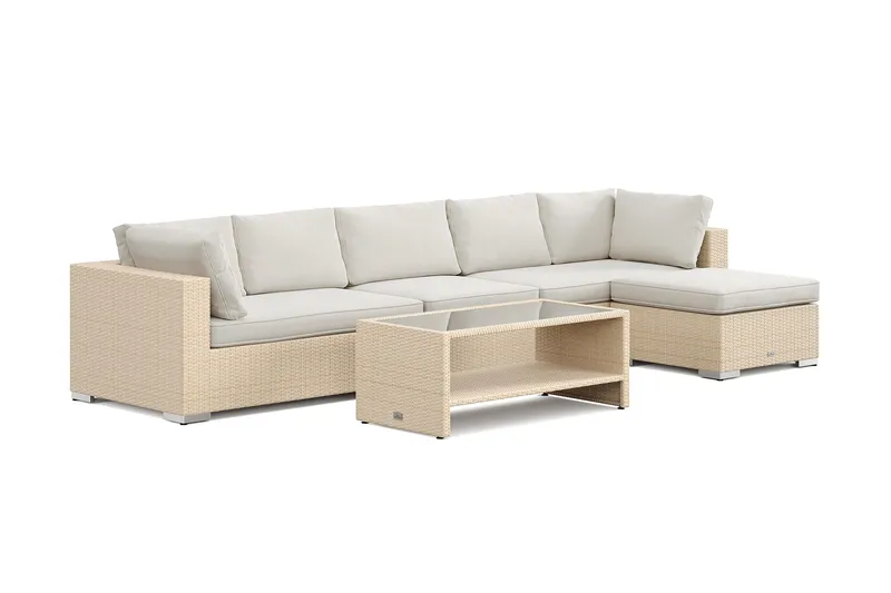 Bahamas utomhus divansoffa 6-sits med vändbar divan och bord med hylla, Beige