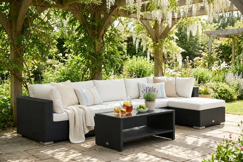 Bahamas utomhus divansoffa 6-sits med vändbar divan och bord med hylla - Svart - Utemöbler - Utegrupp - Loungegrupp