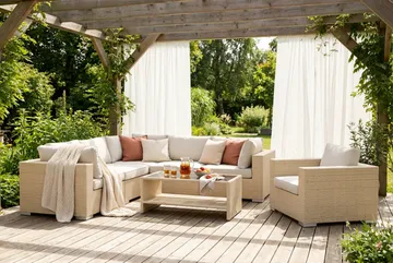 Bahamas utomhus hörnsoffa 6-sits vändbar med fåtölj och bord med hylla - Beige - Utemöbler - Utegrupp - Loungegrupp