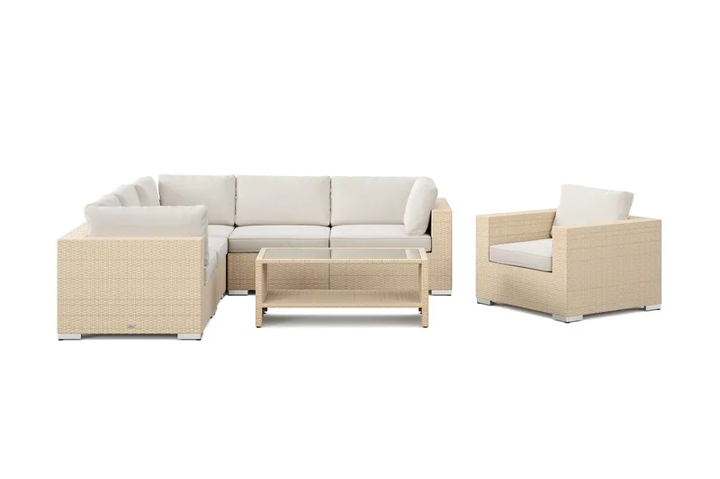 Bahamas utomhus hörnsoffa 6-sits vändbar med fåtölj och bord med hylla - Beige - Utemöbler - Utegrupp - Loungegrupp