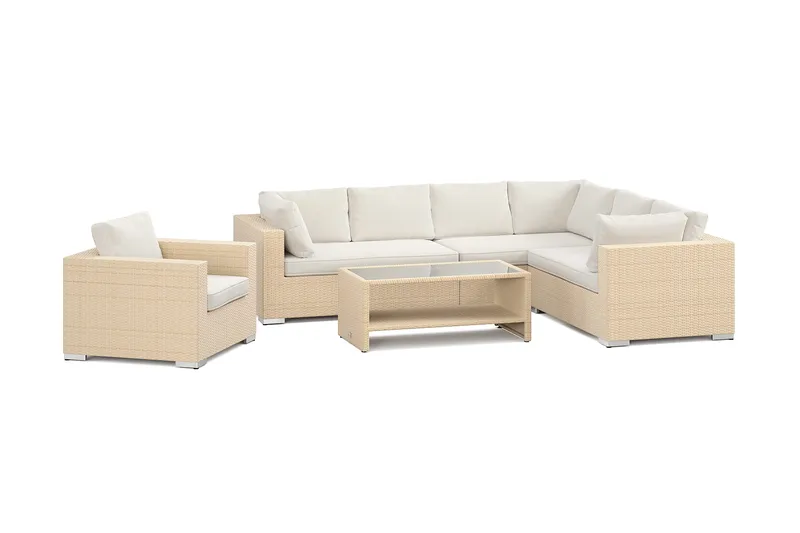 Bahamas utomhus L-soffa höger 7-sits med fåtölj och bord med hylla, Beige