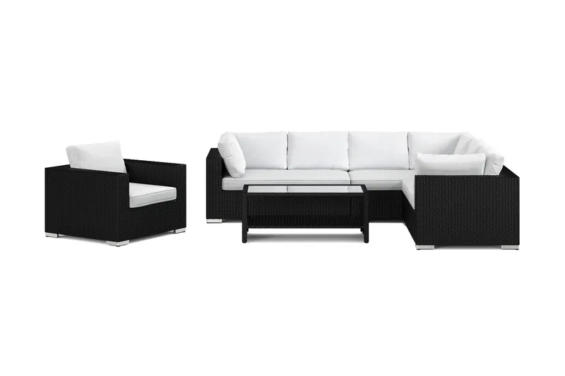 Bahamas utomhus L-soffa höger 7-sits med fåtölj och bord med hylla - Svart - Utemöbler - Utegrupp - Loungegrupp