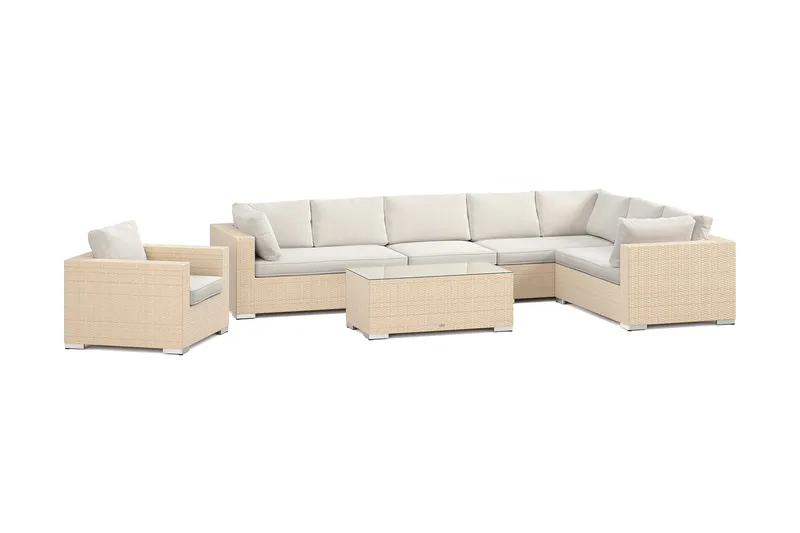 Bahamas utomhus L-soffa höger 8-sits med fåtölj och bord, Beige