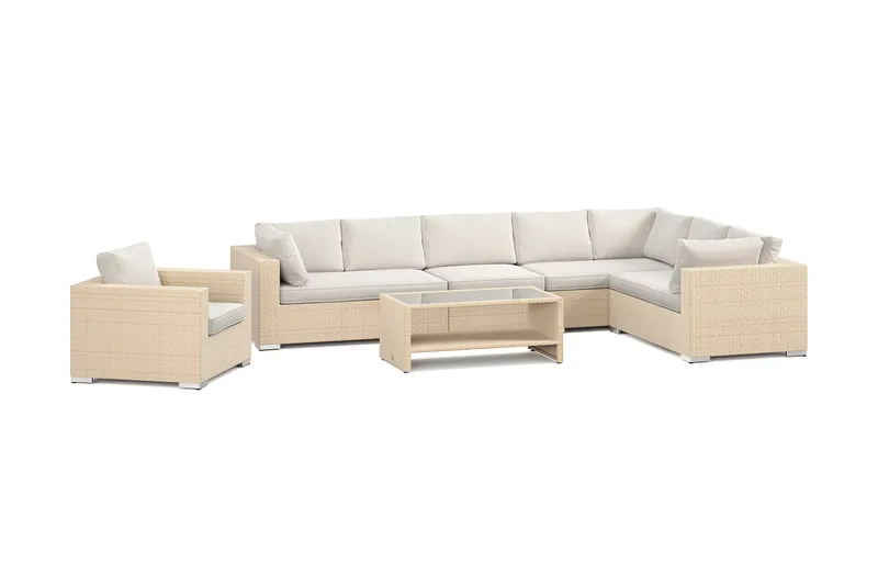 Bahamas utomhus L-soffa höger 8-sits med fåtölj och bord med hylla, Beige