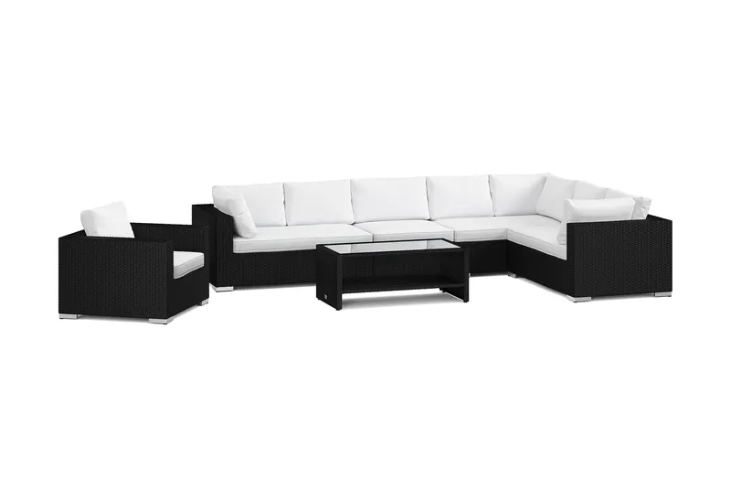 Bahamas utomhus L-soffa höger 8-sits med fåtölj och bord med hylla, Svart