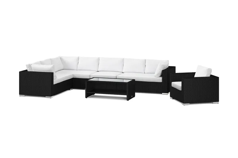 Bahamas utomhus L-soffa vänster 8-sits med fåtölj och bord med hylla, Svart