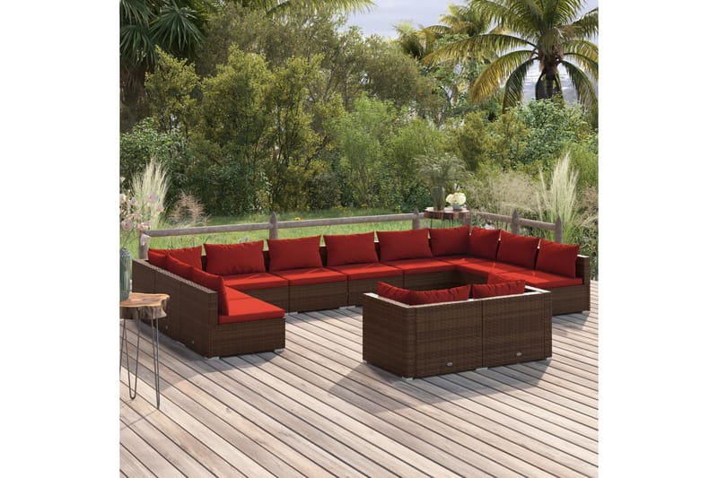 Loungegrupp för trädgården med dynor 12delar brun konstrotti - Brun/Röd - Loungegrupp