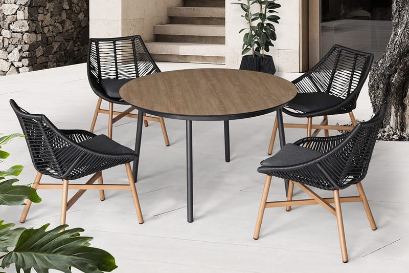 Helsinki Matgrupp Utomhus 120 cm Rund + 4 Utestolar m Dyna - Svart/Natur/Grå - Utemöbler - Utegrupp - Loungegrupp