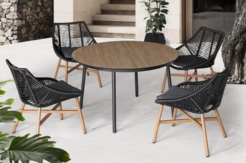 Helsinki Matgrupp Utomhus 120 cm Rund + 4 Utestolar m Dyna - Svart/Natur/Grå - Utemöbler - Utegrupp - Matgrupper utomhus
