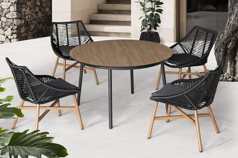 Helsinki Matgrupp Utomhus 120 cm Rund + 4 Utestolar m Dyna - Svart/Natur/Grå - Utemöbler - Utegrupp - Loungegrupp