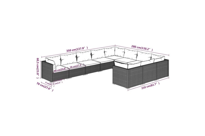 Loungegrupp för trädgården m. dynor 10 delar konstrotting sv - Svart/Vit - Loungegrupp