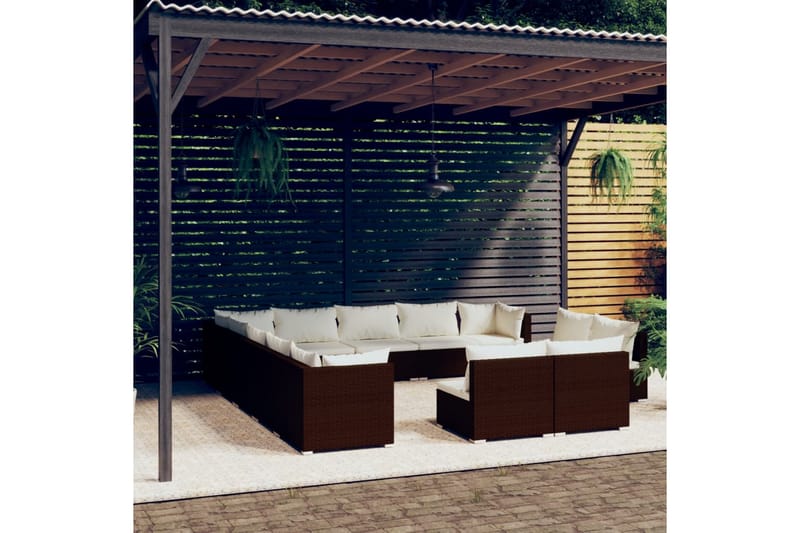 Loungegrupp för trädgården m. dynor 13 delar brun konstrotti - Brun/Vit - Loungegrupp