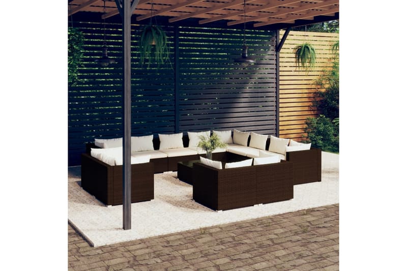 Loungegrupp för trädgården m. dynor 13 delar brun konstrotti - Brun/Vit - Loungegrupp
