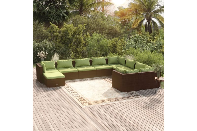 Loungegrupp för trädgården med dynor 10 delar konstrotting b - Brun/Grön - Loungegrupp