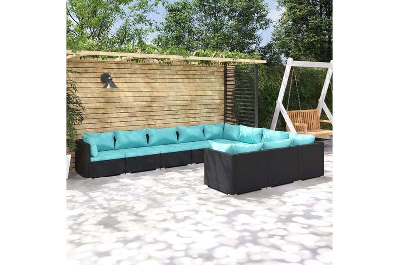 Loungegrupp för trädgården med dynor 10delar konstrotting sv - Svart/Blå - Loungegrupp