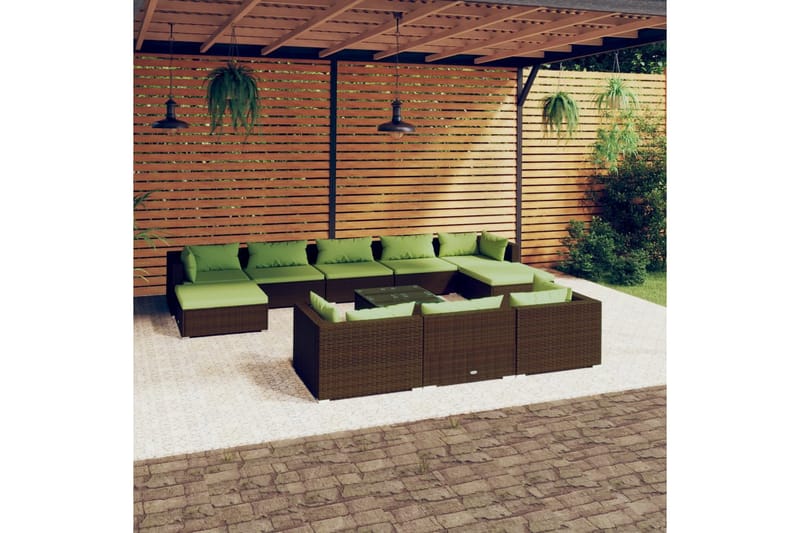 Loungegrupp för trädgården med dynor 11 delar konstrotting b - Brun/Grön - Loungegrupp