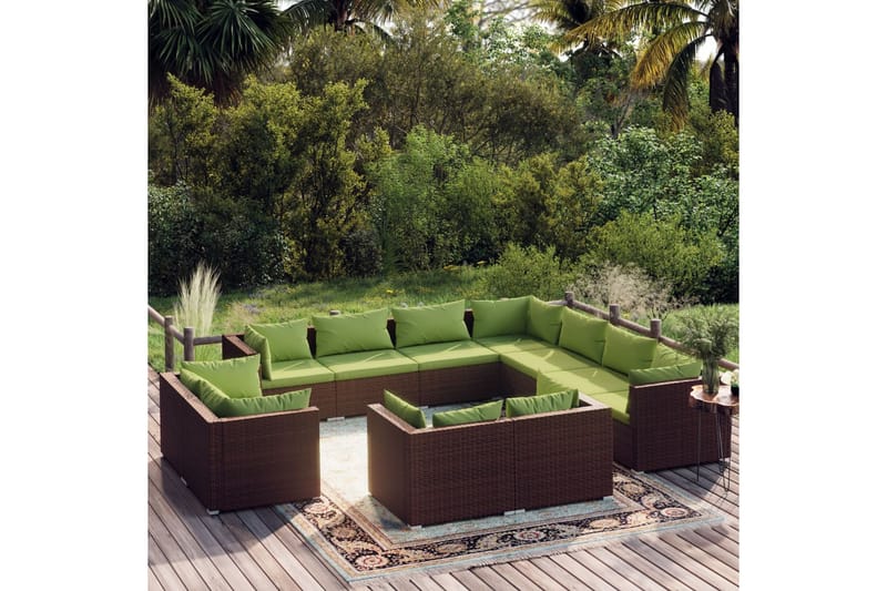 Loungegrupp för trädgården med dynor 11delar brun konstrotti - Brun/Grön - Loungegrupp