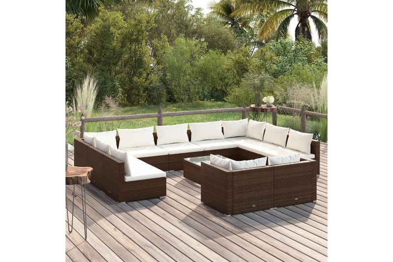Loungegrupp för trädgården med dynor 12 delar brun konstrott - Brun/Vit - Loungegrupp