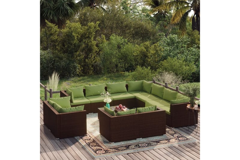Loungegrupp för trädgården med dynor 12 delar konstrotting b - Brun/Grön - Loungegrupp