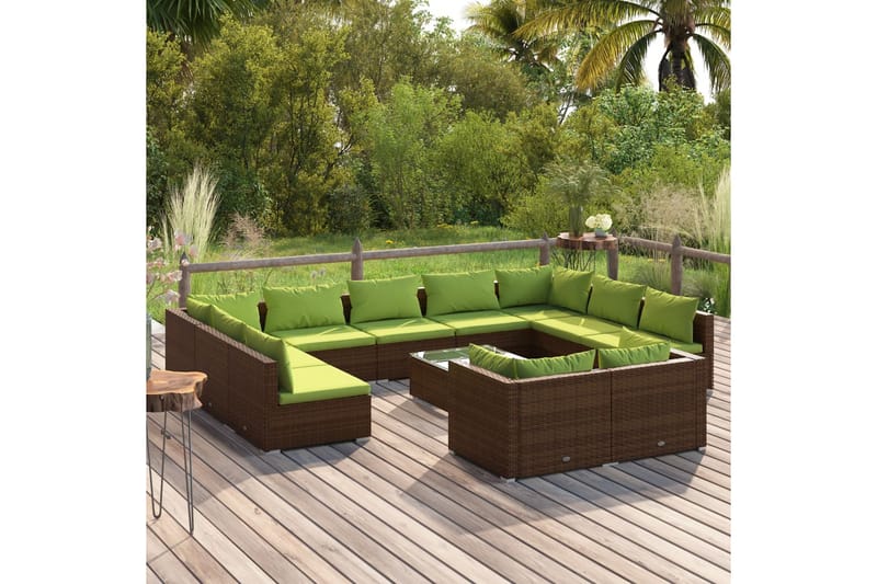 Loungegrupp för trädgården med dynor 12delar konstrotting br - Brun/Grön - Loungegrupp
