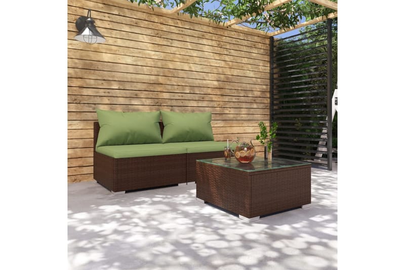 Loungegrupp för trädgården med dynor 3 delar konstrotting br - Brun/Grön - Loungegrupp
