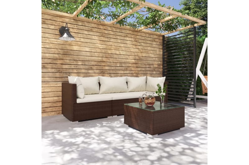 Loungegrupp för trädgården med dynor 4 delar konstrotting br - Brun/Vit - Loungegrupp