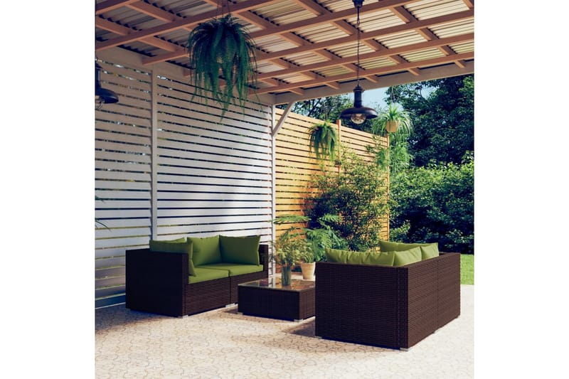 Loungegrupp för trädgården med dynor 5 delar konstrotting br - Brun/Grön - Loungegrupp