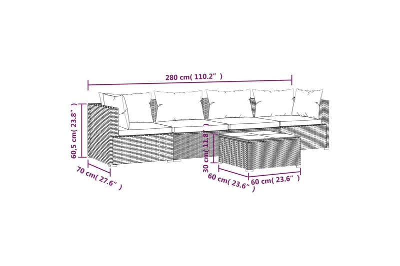 Loungegrupp för trädgården med dynor 5 delar konstrotting sv - Svart/Vit - Loungegrupp