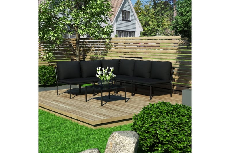 Loungegrupp för trädgården med dynor 6 delar svart PVC - Svart - Loungegrupp