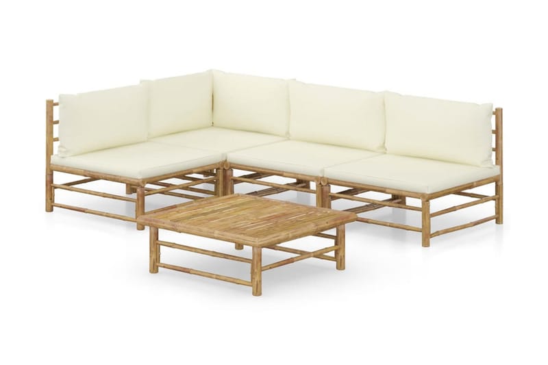 Loungegrupp Utomhus för trädgården med gräddvita dynor 5 delar bambu - Vit - Utemöbler - Utegrupp - Loungegrupp