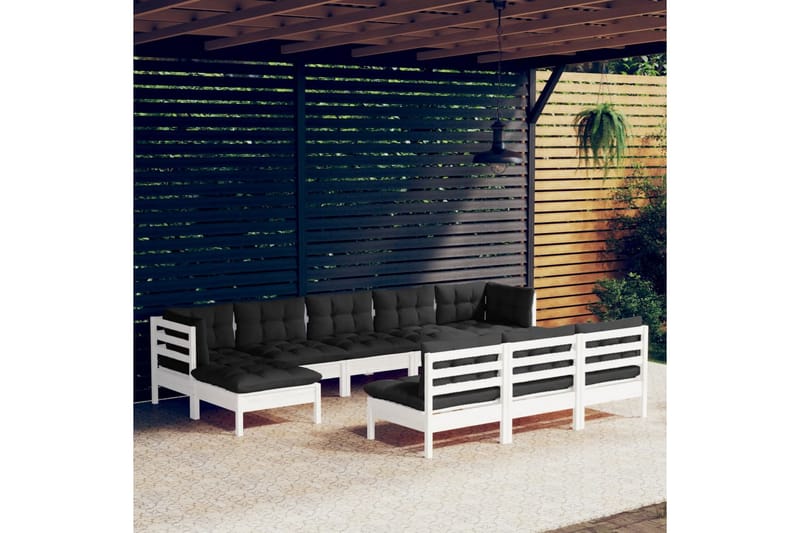 Loungegrupp Utomhus med dynor 10 delar vit massiv furu - Vit/svart - Utemöbler - Utegrupp - Loungegrupp